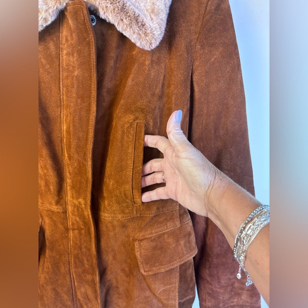 Vintage Winlet Brown Suede Leather Jacket with Faux Fur Collar Size Medium - Picture 5 of 7